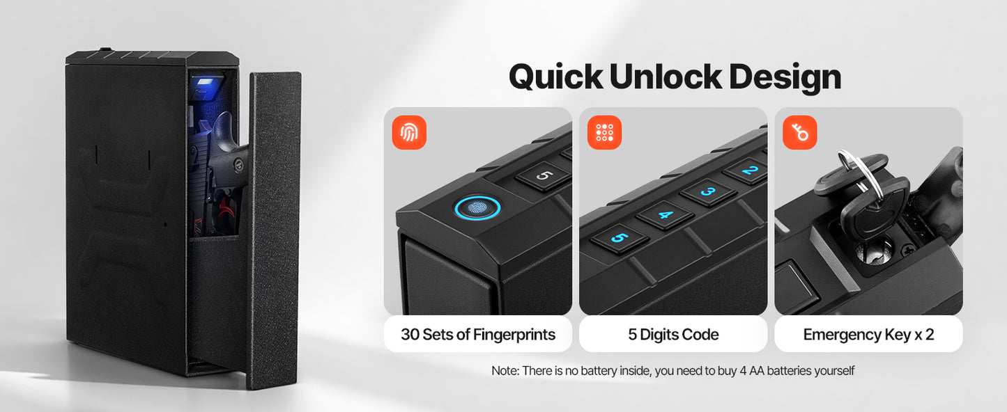 Gun Safe Slider Handgun Safe Fingerprint/Password/Key 3-Way Quick Access Case Box with LED for Nightstand Bedside Desk