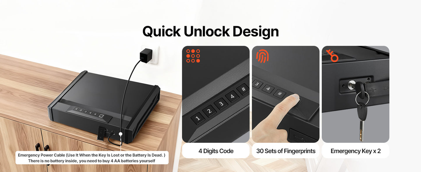 Gun Safe Slider Handgun Safe Fingerprint/Password/Key 3-Way Quick Access Case Box with LED for Nightstand Bedside Desk
