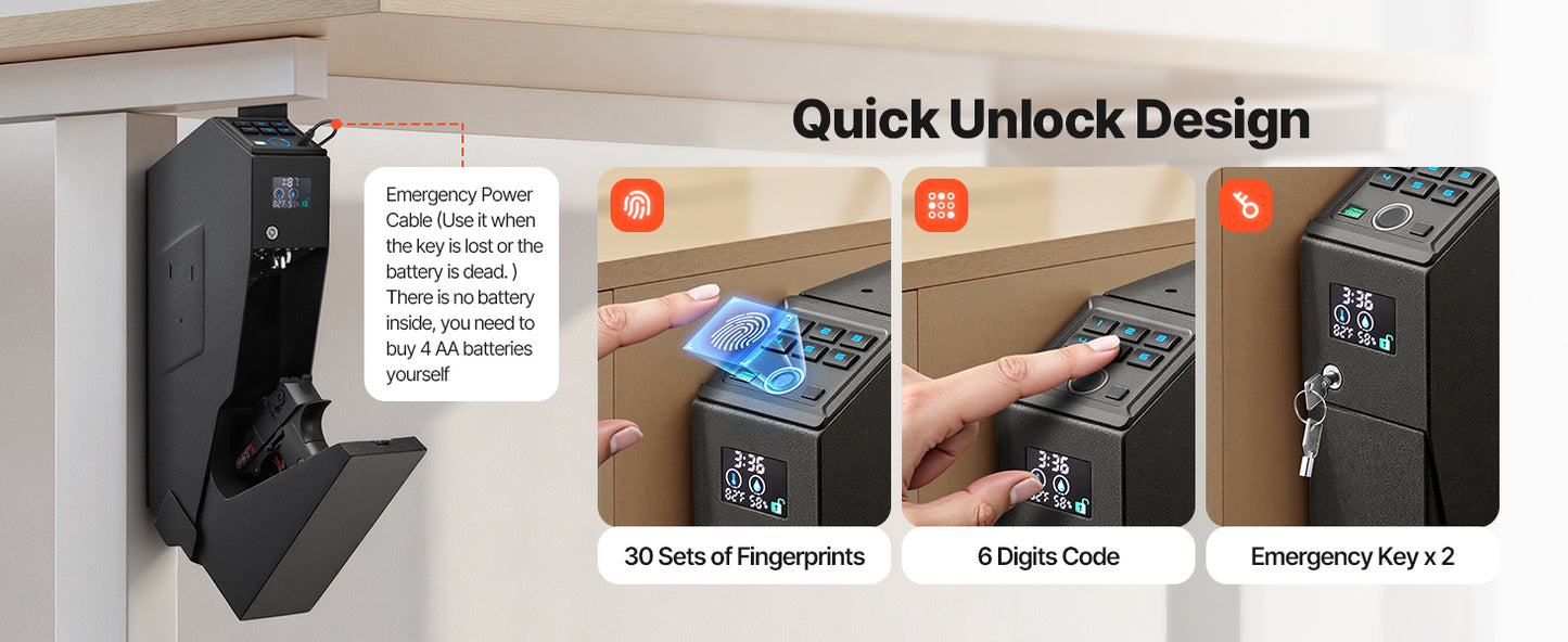 Gun Safe Slider Handgun Safe Fingerprint/Password/Key 3-Way Quick Access Case Box with LED for Nightstand Bedside Desk