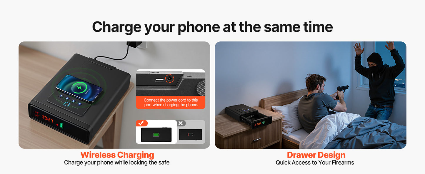 Gun Safe Slider Handgun Safe Fingerprint/Password/Key 3-Way Quick Access Case Box with LED for Nightstand Bedside Desk