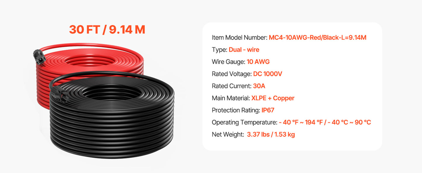Solar Panel Extension Cable 20FT Black + 20FT Red / 30FT Black + 30FT Red / 50FT Black + 50FT Red / 100FT Black + 100FT Red 10AWG with Female & Male Waterproof Connectors 6mm² PV Cable for Home Ship