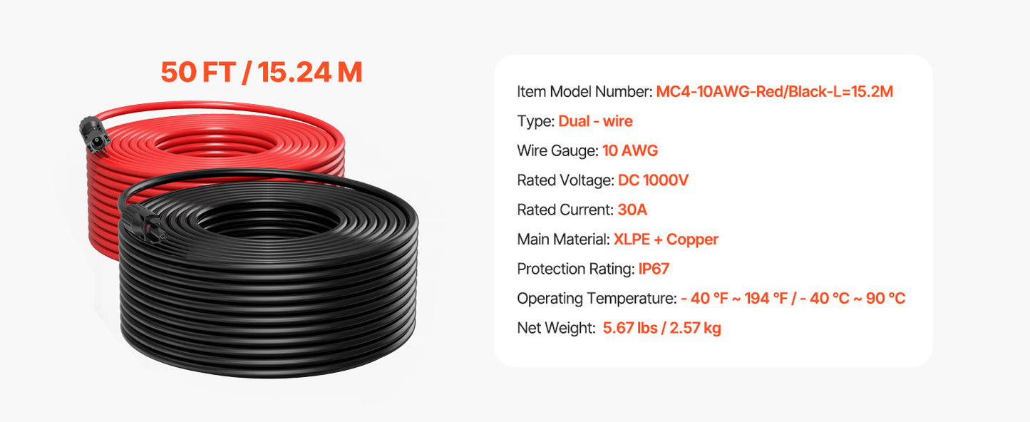 Solar Panel Extension Cable 20FT Black + 20FT Red / 30FT Black + 30FT Red / 50FT Black + 50FT Red / 100FT Black + 100FT Red 10AWG with Female & Male Waterproof Connectors 6mm² PV Cable for Home Ship