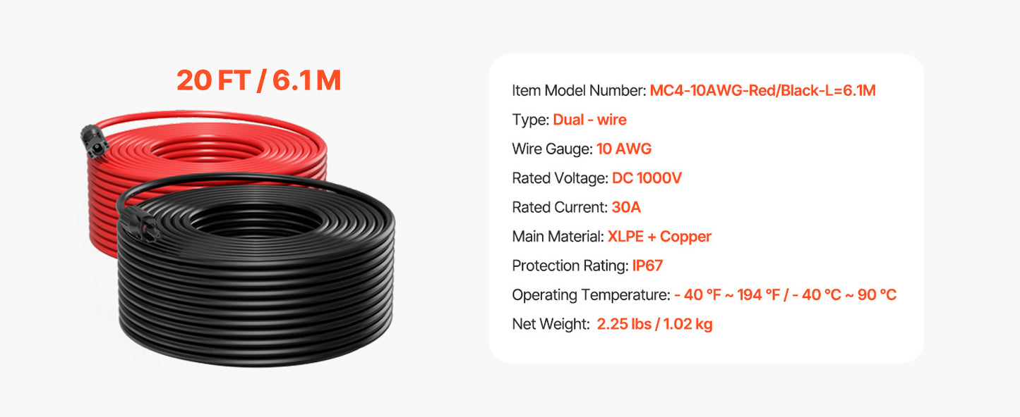 Solar Panel Extension Cable 20FT Black + 20FT Red / 30FT Black + 30FT Red / 50FT Black + 50FT Red / 100FT Black + 100FT Red 10AWG with Female & Male Waterproof Connectors 6mm² PV Cable for Home Ship