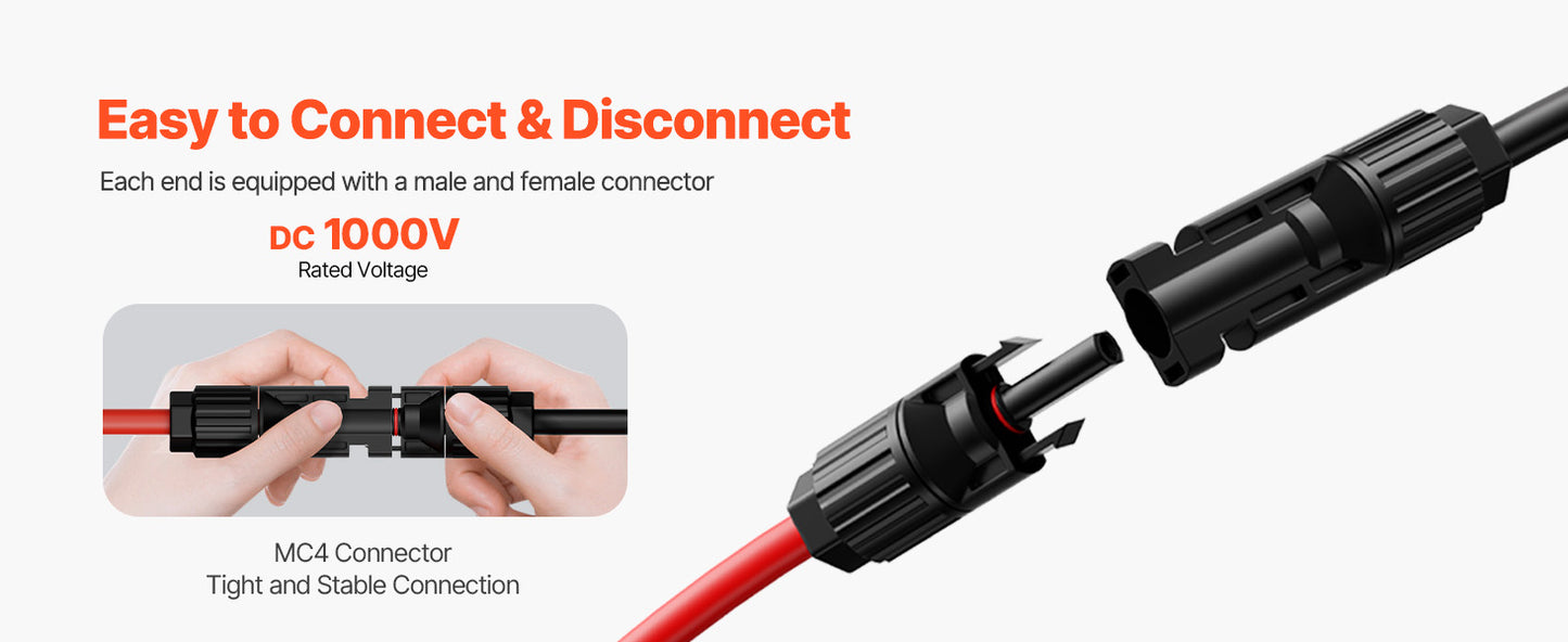 Solar Panel Extension Cable 20FT Black + 20FT Red / 30FT Black + 30FT Red / 50FT Black + 50FT Red / 100FT Black + 100FT Red 10AWG with Female & Male Waterproof Connectors 6mm² PV Cable for Home Ship