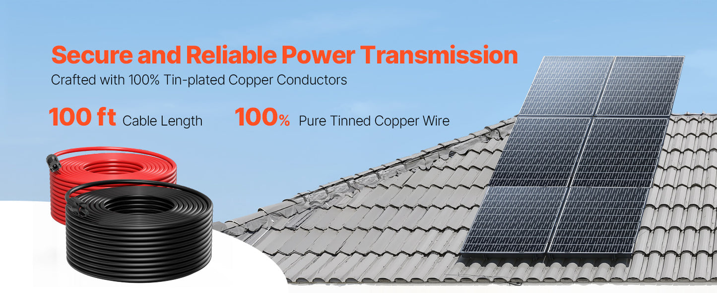 Solar Panel Extension Cable 20FT Black + 20FT Red / 30FT Black + 30FT Red / 50FT Black + 50FT Red / 100FT Black + 100FT Red 10AWG with Female & Male Waterproof Connectors 6mm² PV Cable for Home Ship