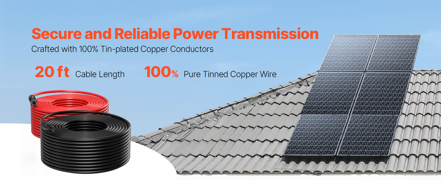 Solar Panel Extension Cable 20FT Black + 20FT Red / 30FT Black + 30FT Red / 50FT Black + 50FT Red / 100FT Black + 100FT Red 10AWG with Female & Male Waterproof Connectors 6mm² PV Cable for Home Ship