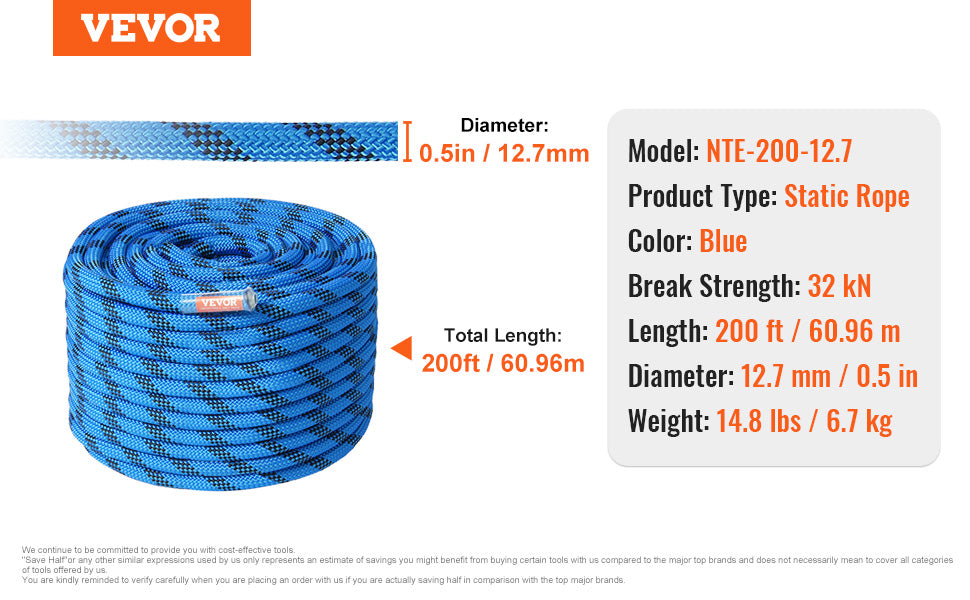 12.7mm Static Climbing Rope 125/150/200ft Outdoor Rock Climbing Rope 30KN Breaking Tension Fiber Rope w/ Steel Snap Hooks