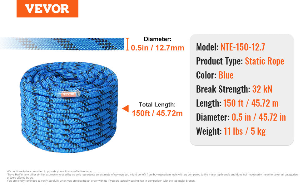 12.7mm Static Climbing Rope 125/150/200ft Outdoor Rock Climbing Rope 30KN Breaking Tension Fiber Rope w/ Steel Snap Hooks