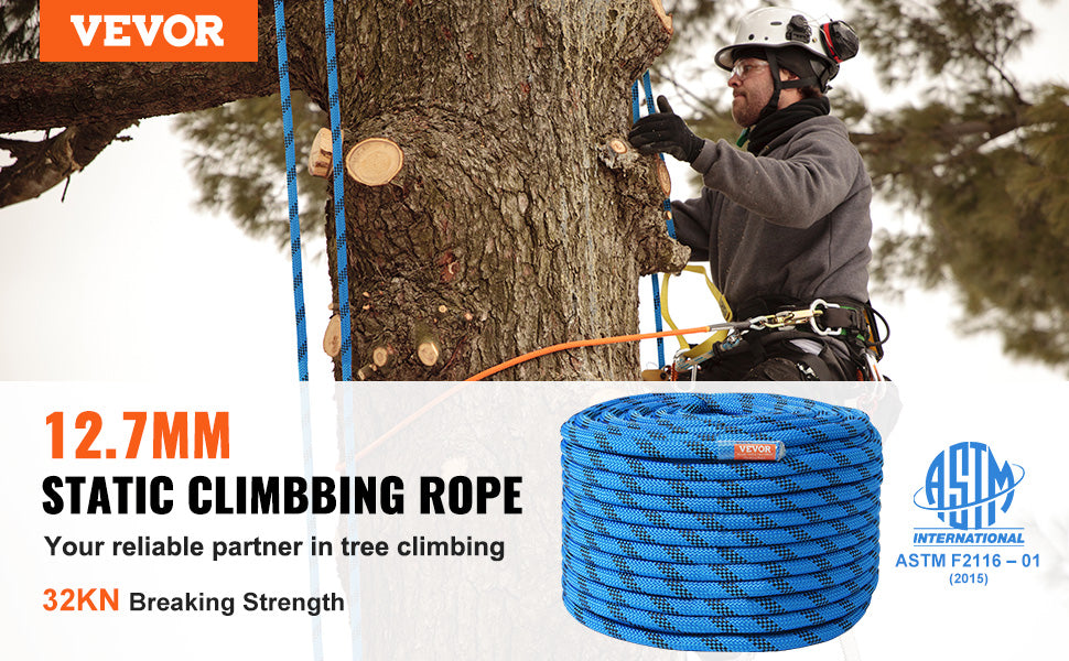 12.7mm Static Climbing Rope 125/150/200ft Outdoor Rock Climbing Rope 30KN Breaking Tension Fiber Rope w/ Steel Snap Hooks