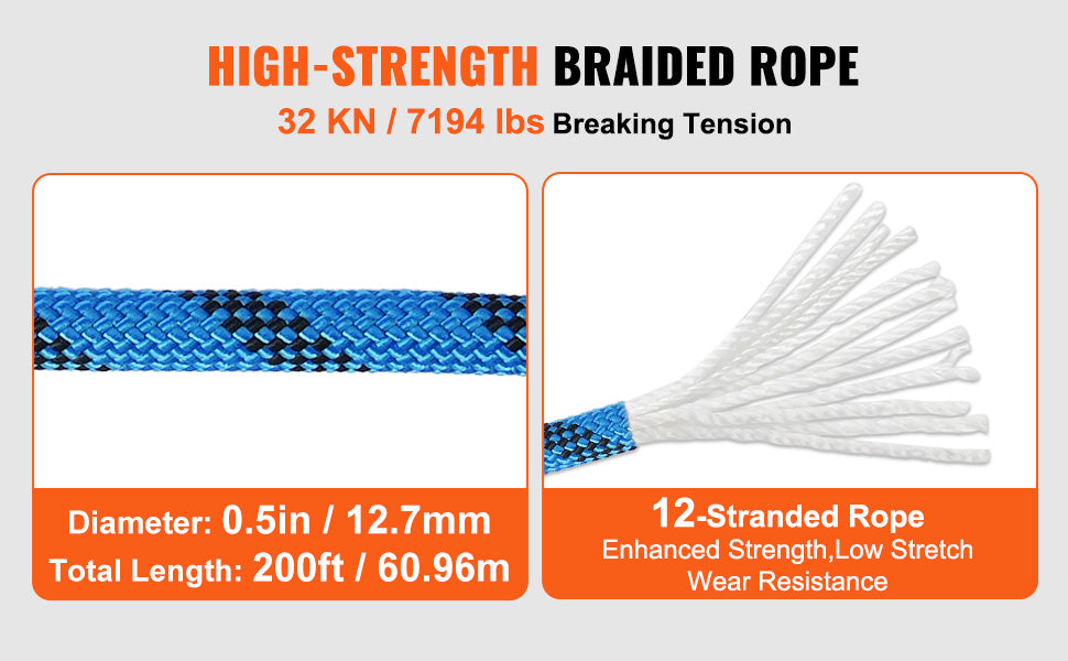 12.7mm Static Climbing Rope 125/150/200ft Outdoor Rock Climbing Rope 30KN Breaking Tension Fiber Rope w/ Steel Snap Hooks