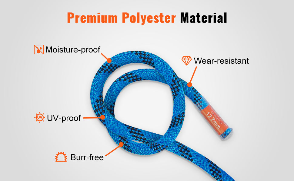12.7mm Static Climbing Rope 125/150/200ft Outdoor Rock Climbing Rope 30KN Breaking Tension Fiber Rope w/ Steel Snap Hooks